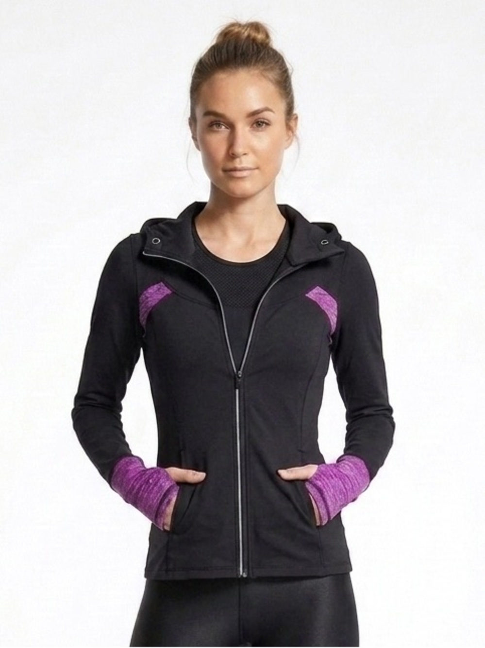REEBOK Black Magenta Marled Hooded Sport Gym Jacket XS Extra Small EUC $60